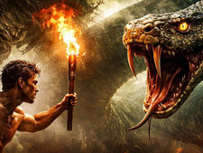 Hombre musculoso con antorcha y machete enfrenta a gran serpiente en una cueva oscura. Ambiente tenso; logo de Fundación Vivarium visible.