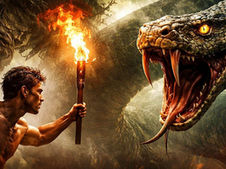 Hombre musculoso con antorcha y machete enfrenta a gran serpiente en una cueva oscura. Ambiente tenso; logo de Fundación Vivarium visible.
