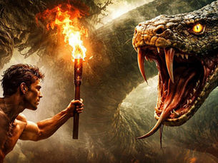 Hombre musculoso con antorcha y machete enfrenta a gran serpiente en una cueva oscura. Ambiente tenso; logo de Fundación Vivarium visible.