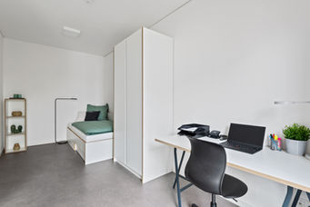 Studio 152 Wiesbaden - Apartment mit Bett, Kleiderschrank und Schreibtisch