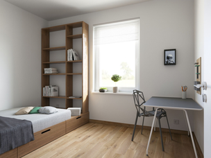 Teltow UP! - Visualisierung eines Zimmers mit Bett, Regal und Schreibtisch