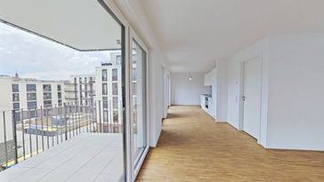 Großherzog Friedrich Höfe Saarbrücken - Wohnraum mit Parkett und Zugang zur Loggia