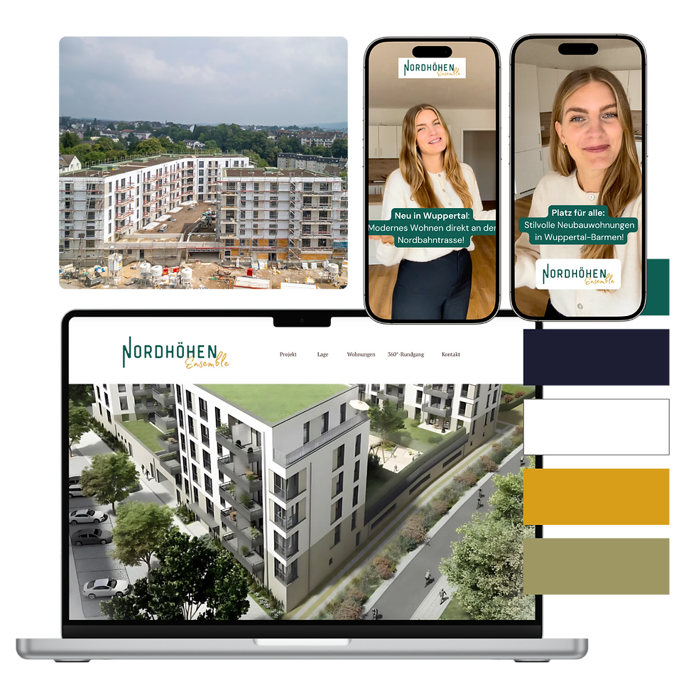 Marketingmaßnahmen von moovin für Nordhöhen Ensemble: Projektwebsite, Logo & CI mit Farbwelt, Social-Media-Videos, Baufortschrittsfoto und Visualisierung