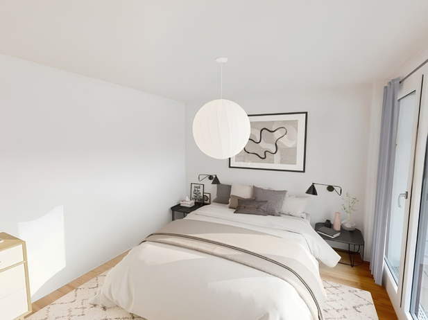 Salucci Höfe Esslingen - Schlafzimmer mit Doppelbett und Pendelleuchte