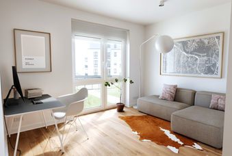 Field 4 Mannheim - Visualisierung eines Wohnzimmers mit Sofa und Arbeitsplatz