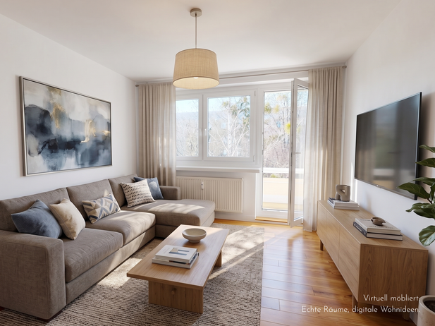Hubers Potsdam - virtuell möbliertes Wohnzimmer mit Sofa, Parkettboden und großem Fenster