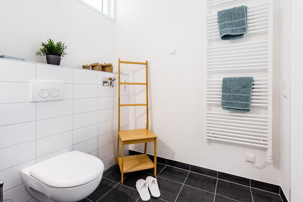 Donaufeldsiedlung Manching - Badezimmer mit WC, Regal und Handtuchheizkörper
