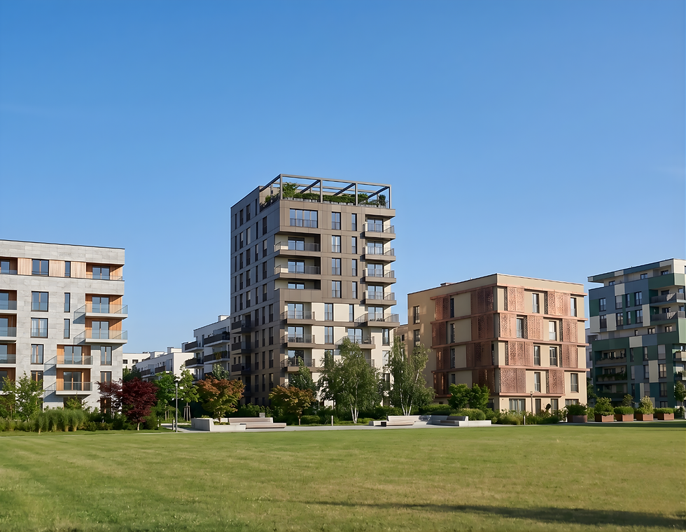 Moderne Mehrfamilienhäuser im Wohnpark – Illustration zur Erstellung eines Energiebedarfsausweises