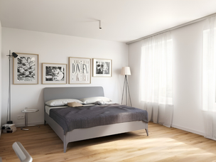 Nürnberg Wohnen - Visualisierung eines Schlafzimmers mit Doppelbett und Stehlampe