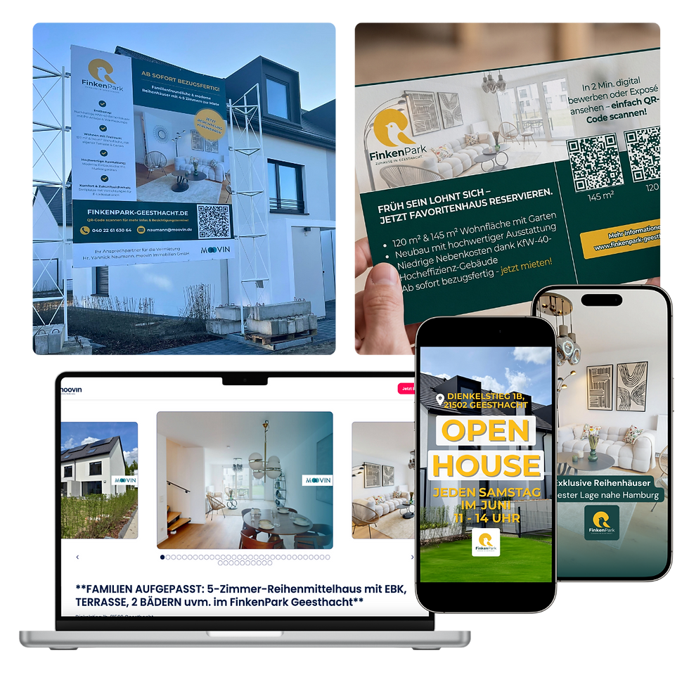 Marketingmaßnahmen von moovin für Finkenpark Geesthacht: Baustellenbanner, Flyer mit QR-Code, Online-Inserat und Social-Media-Beiträge