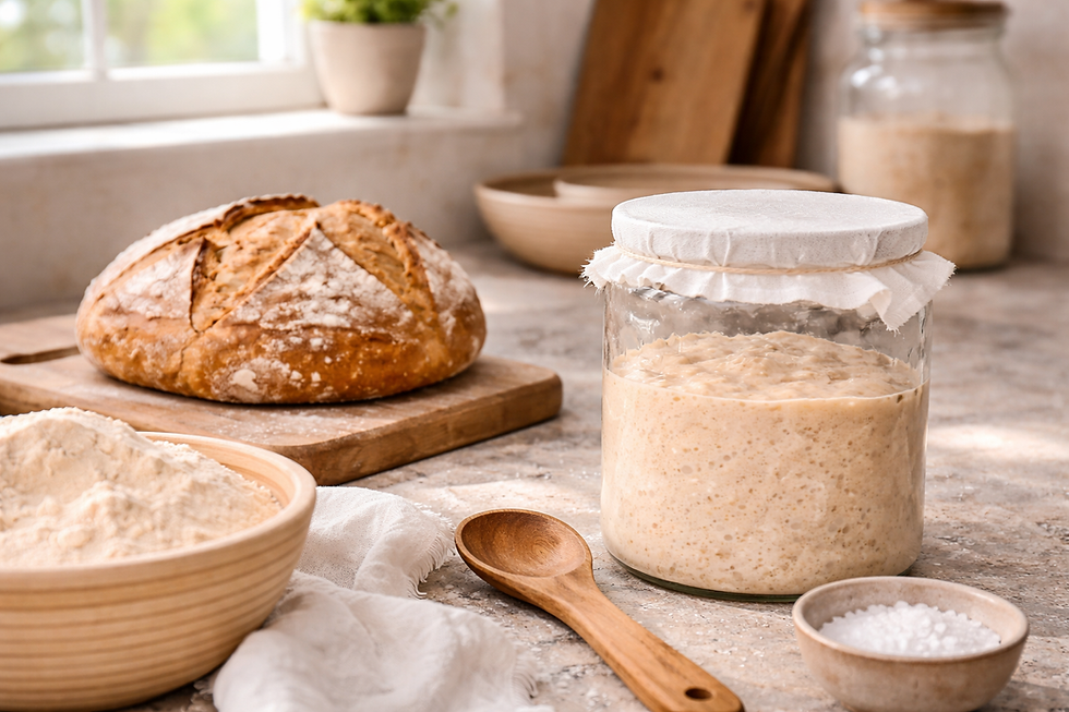 Fresh sourdough loaf, bubbly starter jar, flour, and salt arranged on a sunlit kitchen counter in a warm home kitchen.