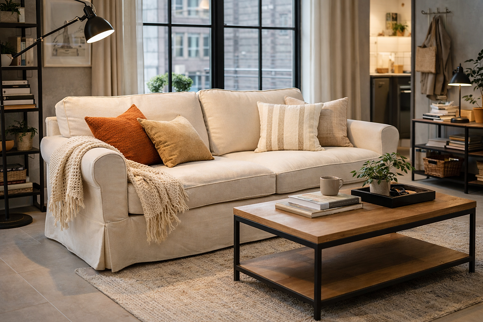 A clean cozy living room with a slipcover sofa option styled in warm neutral tones