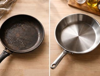 Cheap vs durable kitchen products comparison showing a worn nonstick pan next to a durable, stainless steel pan on a kitchen counter in warm light.