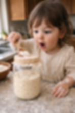 Brunette toddler girl with wide-eyed amazement watching and feeding a bubbly jar of sourdough starter on a kitchen counter in warm natural light.