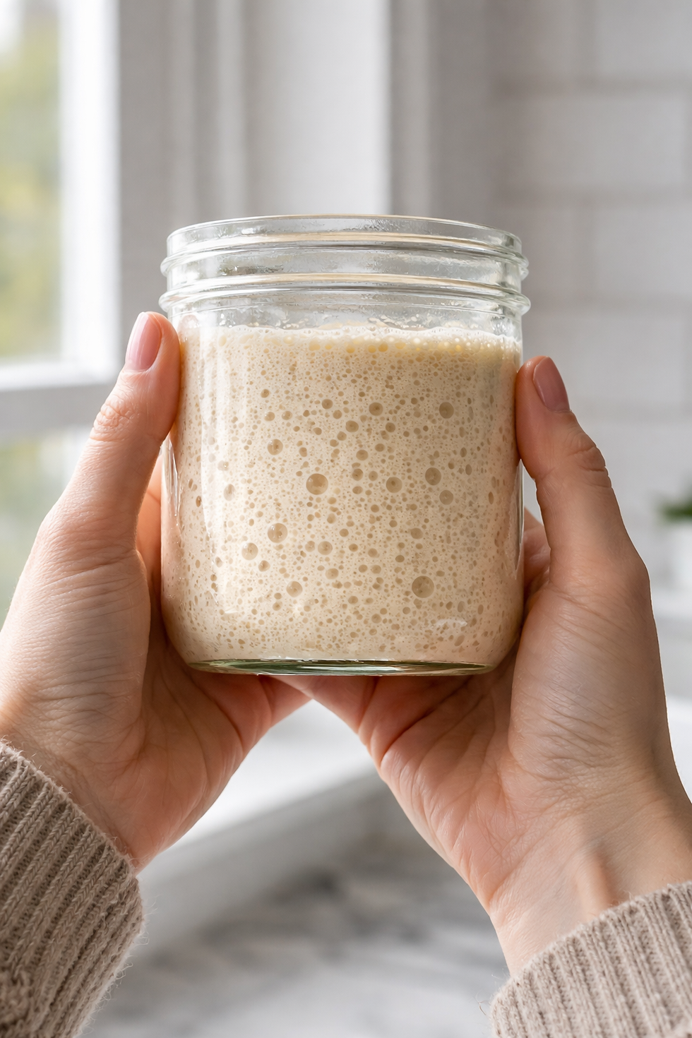 Hands holding a glass jar of healthy bubbly sourdough starter up to natural window light, showing active fermentation