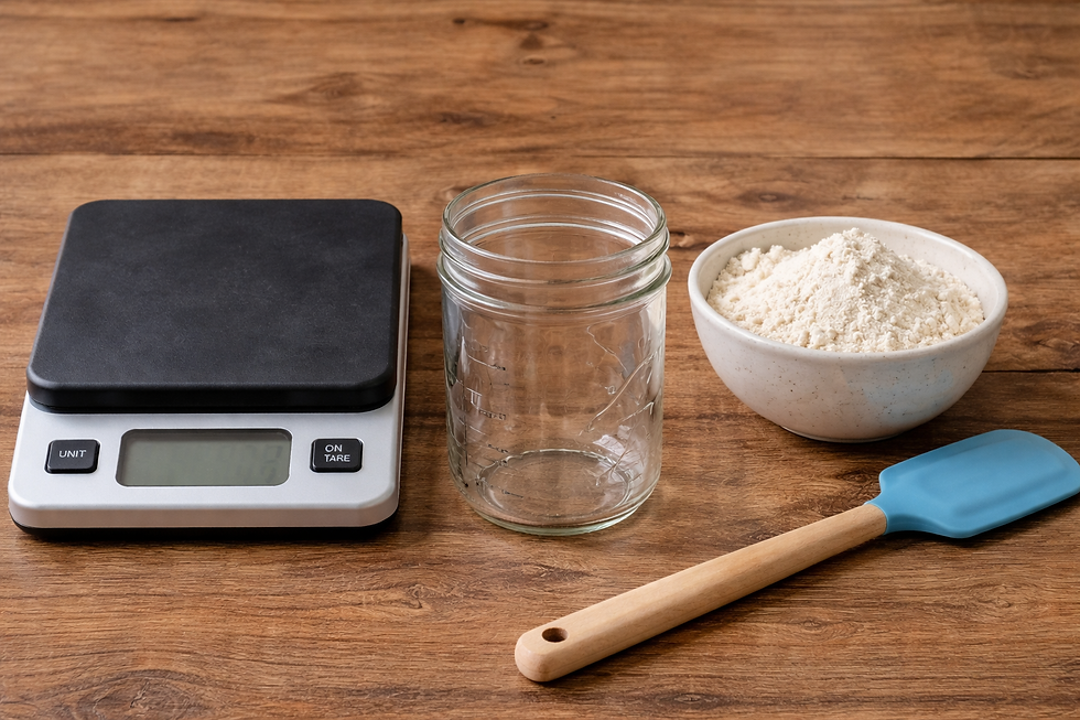 Sourdough starter tools laid out on a wood surface including a kitchen scale, glass jar, silicone spatula, and flour — everything a beginner needs.