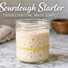  Active sourdough starter in a glass jar with visible bubbles and rise marked by a rubber band, sitting on a marble kitchen counter in natural light