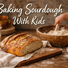 Baking sourdough at home with a toddler nearby, showing sourdough bread as part of real family life in a warm, lived-in kitchen.
