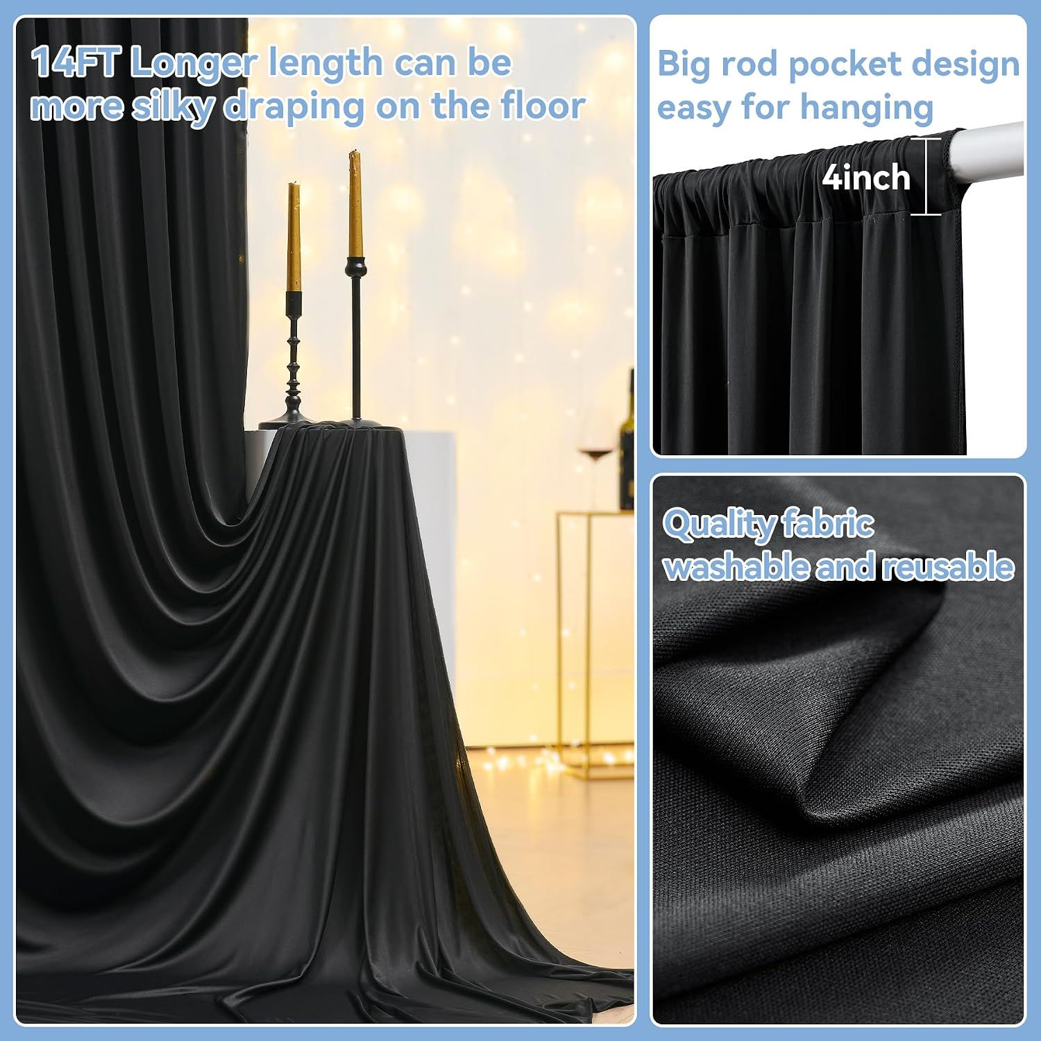 20ftx14ft Black Silk‑Flow Curtain Panels