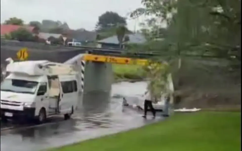 A campervan had its roof removed after attempting to pass under the height-restricted underpass in Tinwald. Photo: Supplied