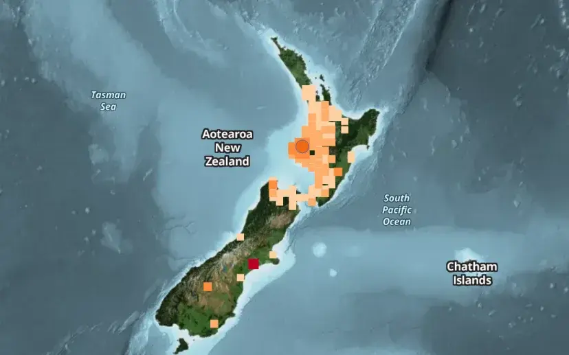 A felt report map following a magnitude 5.3 earthquake on Saturday, 3 October, 2026, at 2:57am. Source: 1News