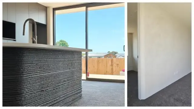 The kitchen island was also constructed from poured concrete and left rough.