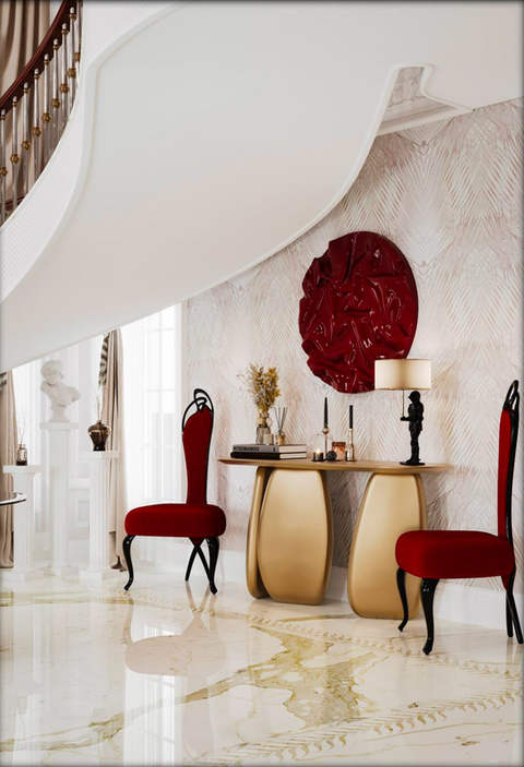 Elegant hallway with red chairs, gold console, and circular red art