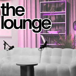 The Lounge — Fiver to Thriver public podcast studio with pink sofa and microphones