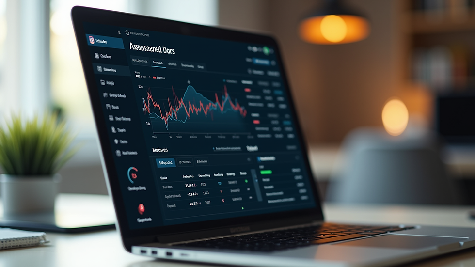 Eye-level view of a laptop showing financial dashboard on screen