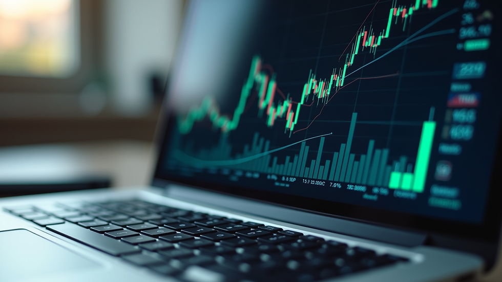 Close-up view of a laptop screen showing financial graphs and charts
