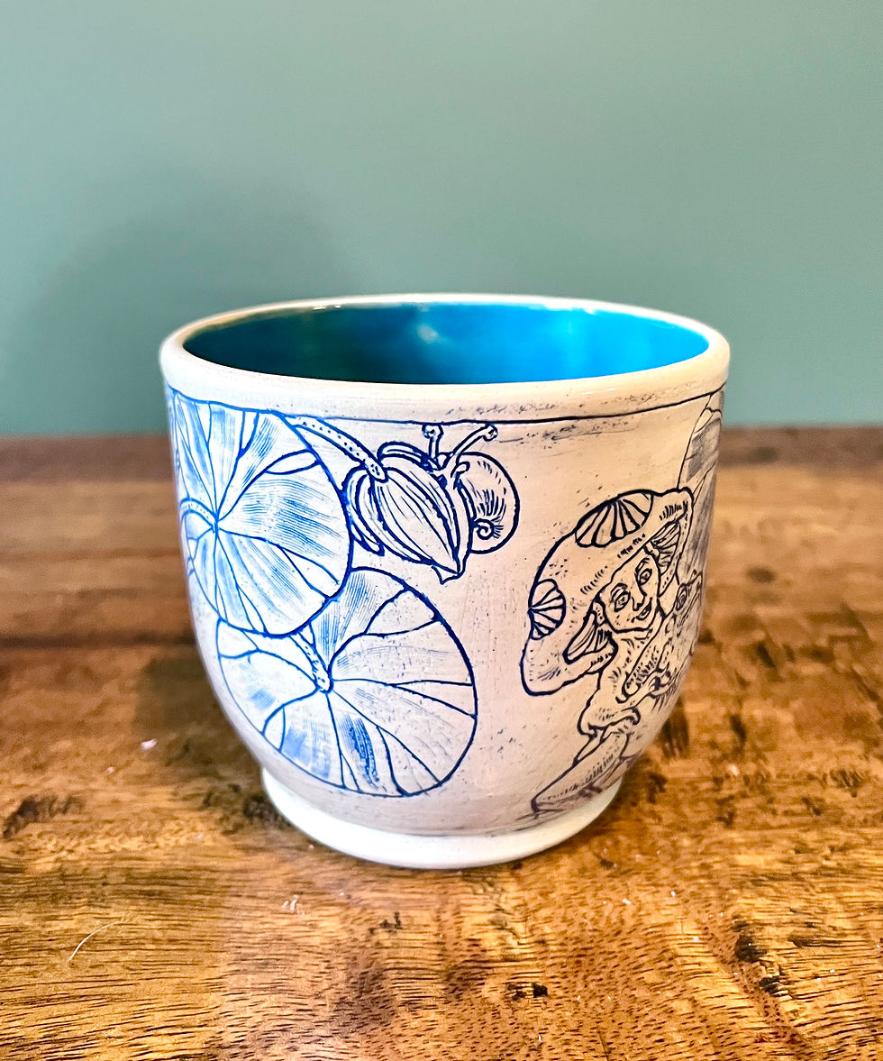 Thumbnail: Freehand Carved Narrative Studio Ceramic Bowl - Mushroom Men and Pets