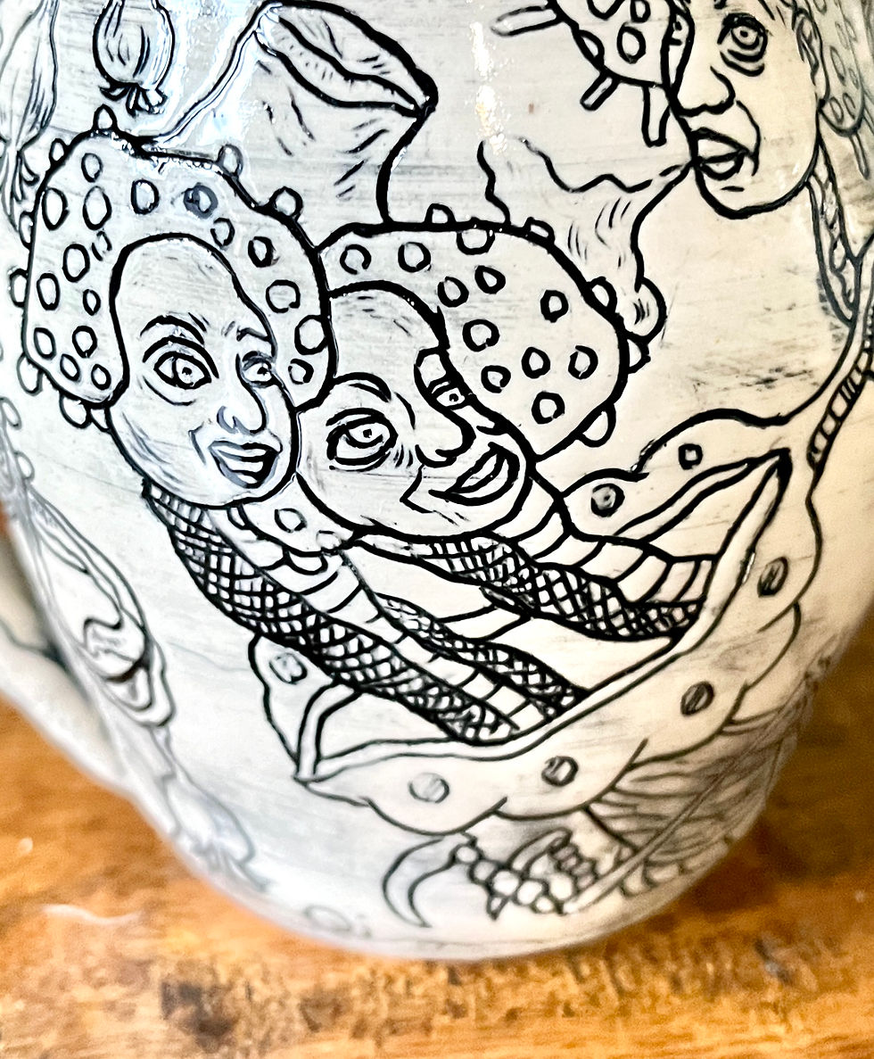 Thumbnail: A Drop of Empathy - freehand carved narrative stoneware jug