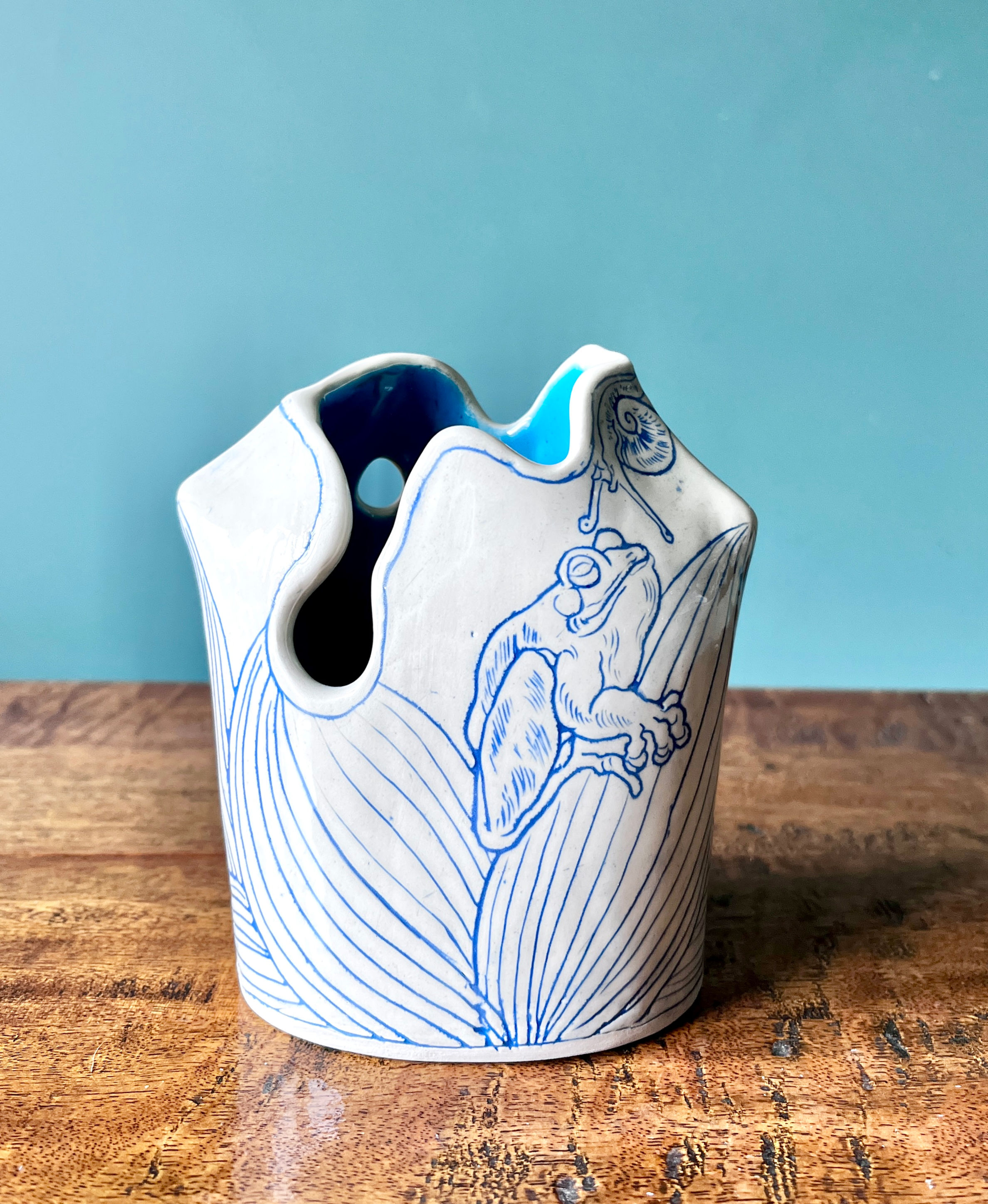 Freehand Carved Studio Ceramic Vase - - Frog and Snail