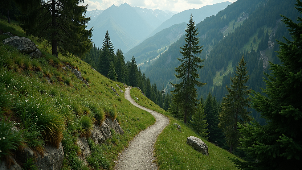 High angle view of a peaceful mountain trail winding through green trees