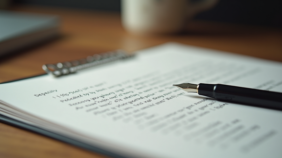 Close-up view of a handwritten letter and a pen on a wooden desk