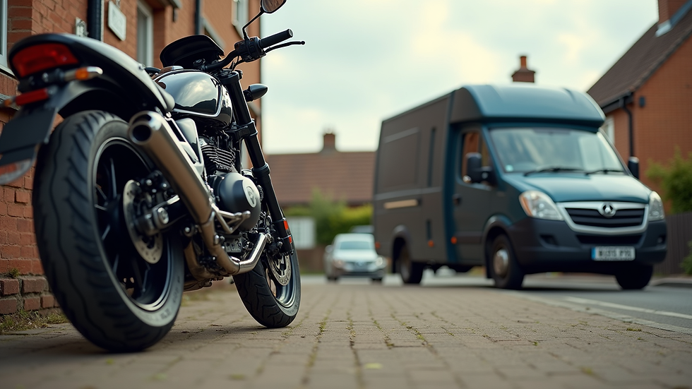 Eye-level view of a motorcycle parked outside a house with a mobile tyre fitting van nearby