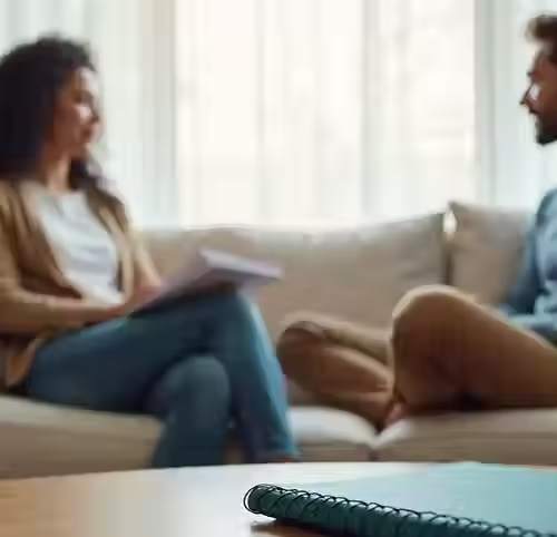 Two people talking on a sofa during an informal consultation