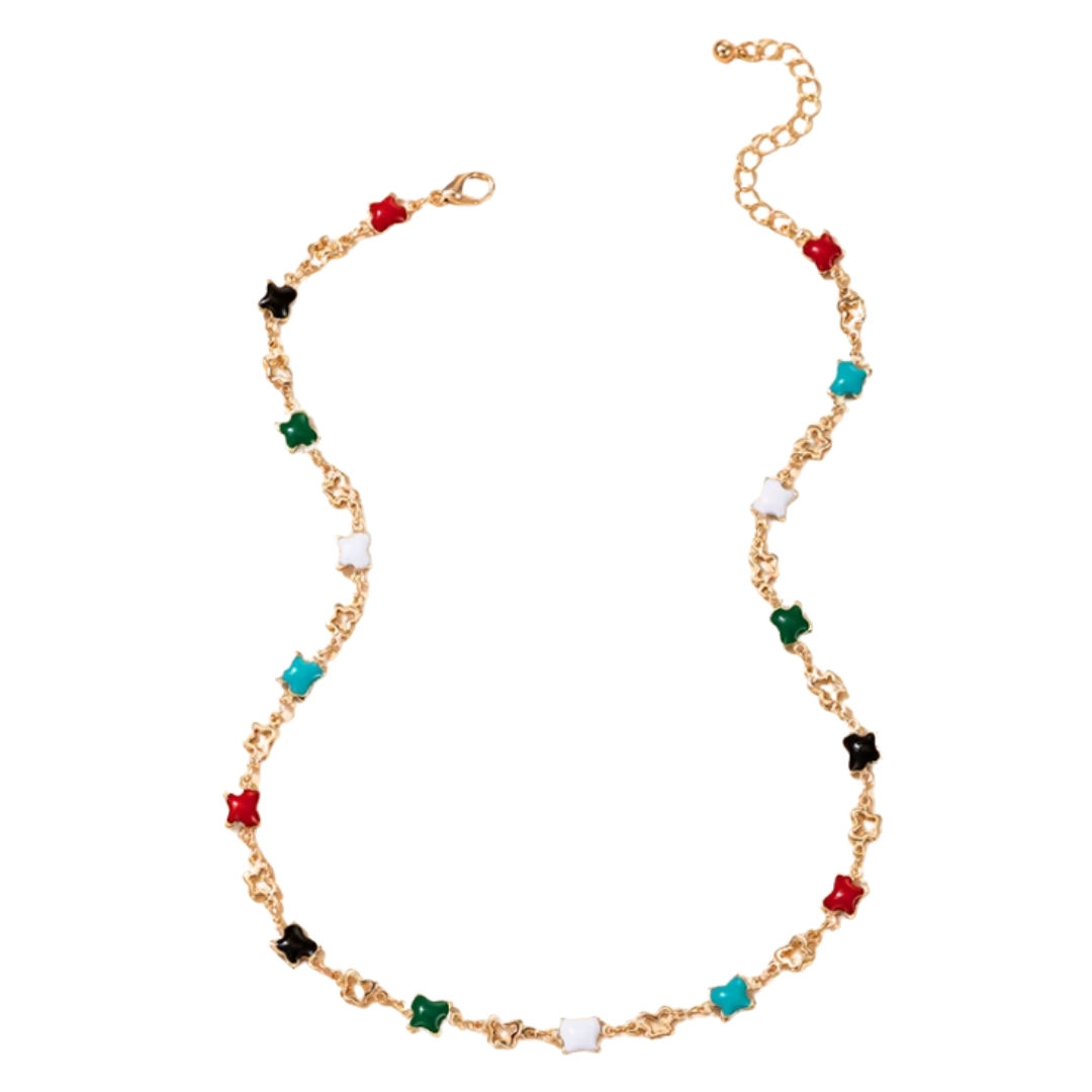 Vlinders blauw groen rood en wit. Gouden ketting/choker
