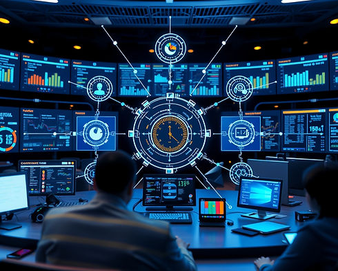 AI Powered Management System - interconnected departments, Command Centre, high performanc