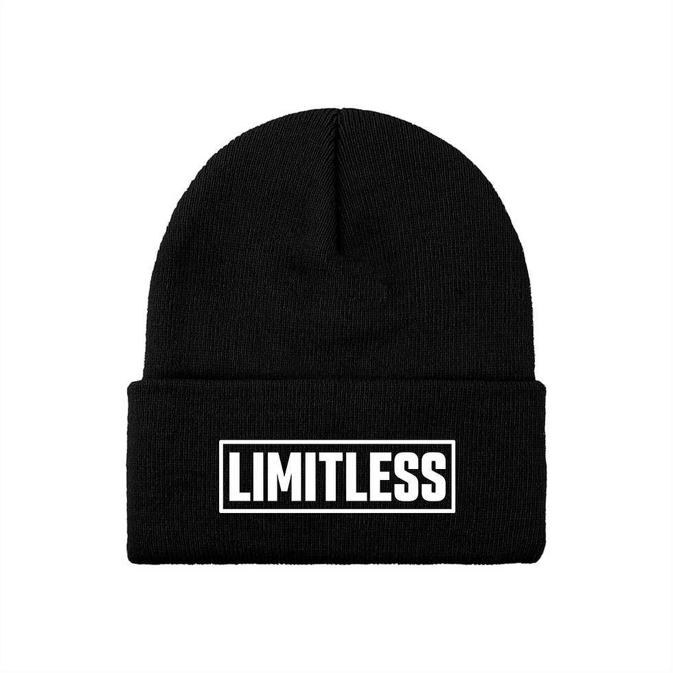 Black embroidered cuffed beanie featuring the white Limitless Apparel logo on the front.