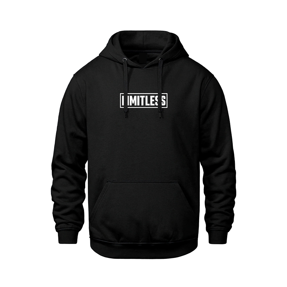 Black Limitless Pullover Hoodie featuring a white Limitless Apparel logo across the chest, drawstring hood and front pocket