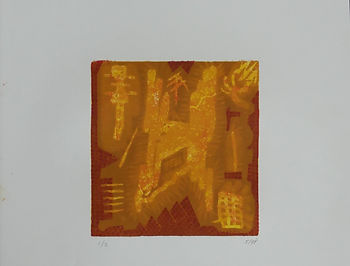 Houtsnede. Abstract in bruin en geel.
