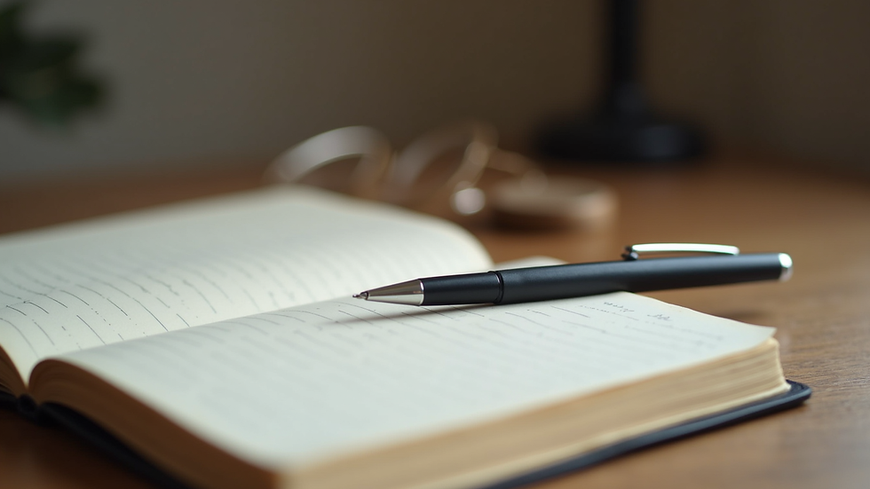 Eye-level view of a journal and pen on a wooden desk
