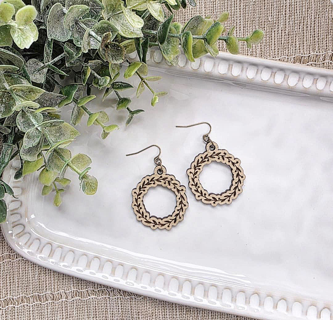Engraved Wreath Wood Earrings