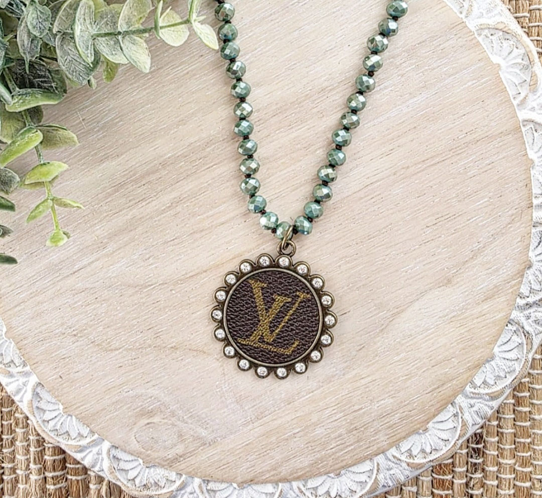 Upcycled Louis Vuitton Sage Green Beaded Necklace
