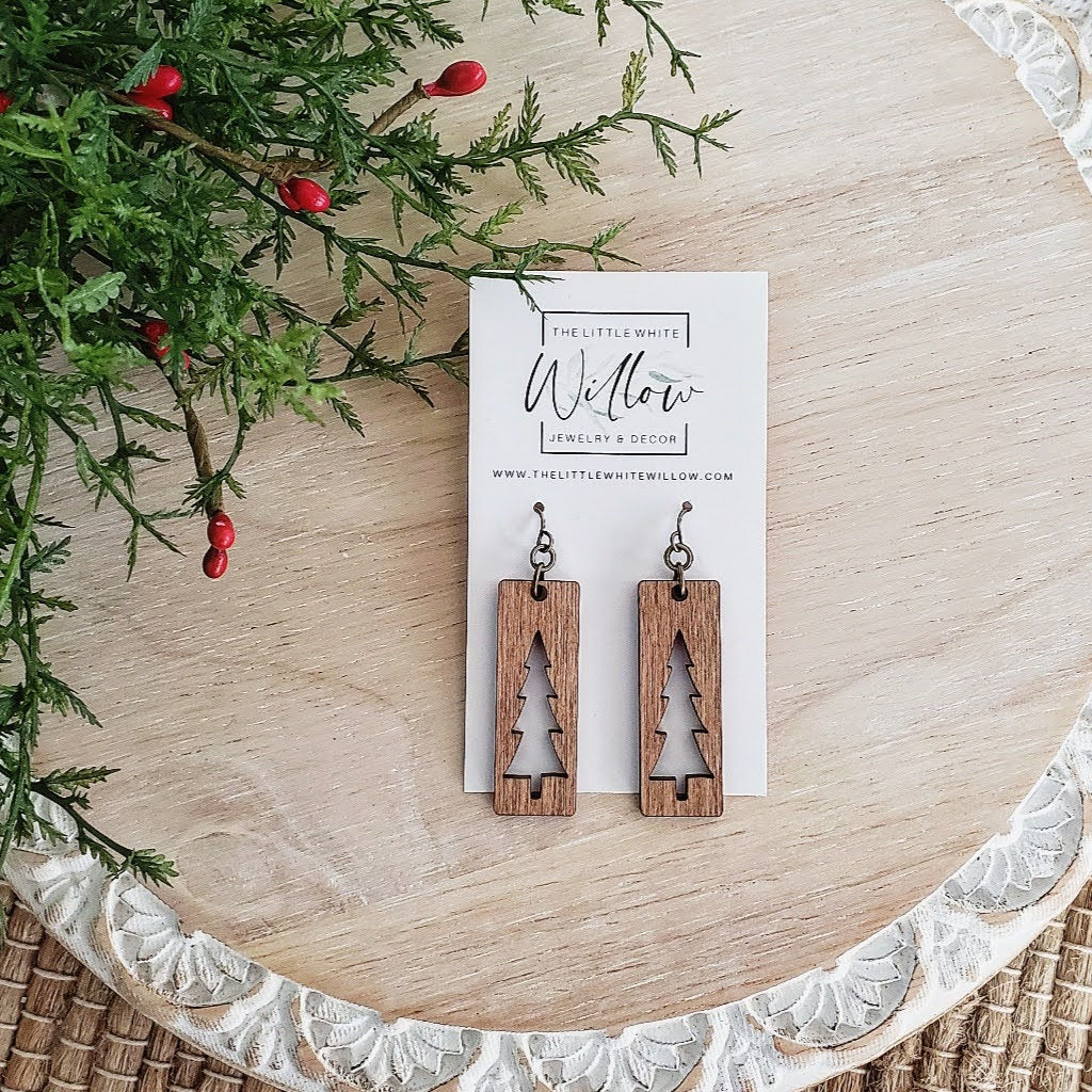 Wood Cut Out Tree Bar Earrings