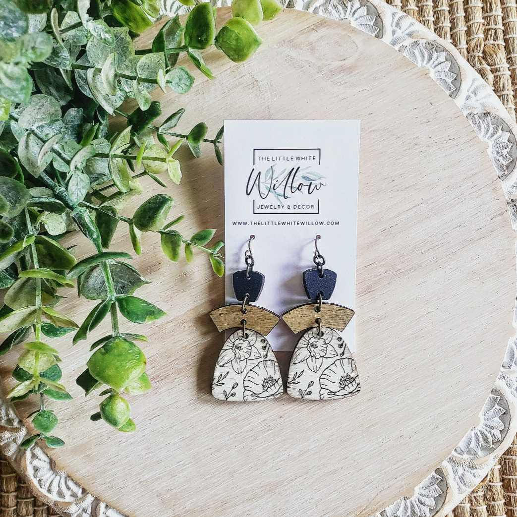 Custom Birth Month Flower Triple Drop Wood Earrings