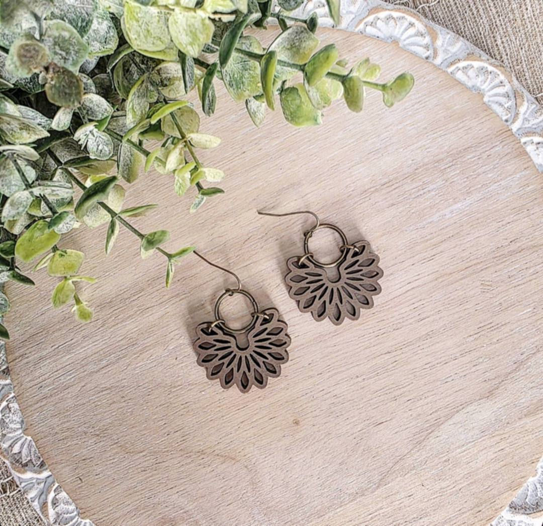 Distressed Taupe Cut Out Boho Wood Earrings