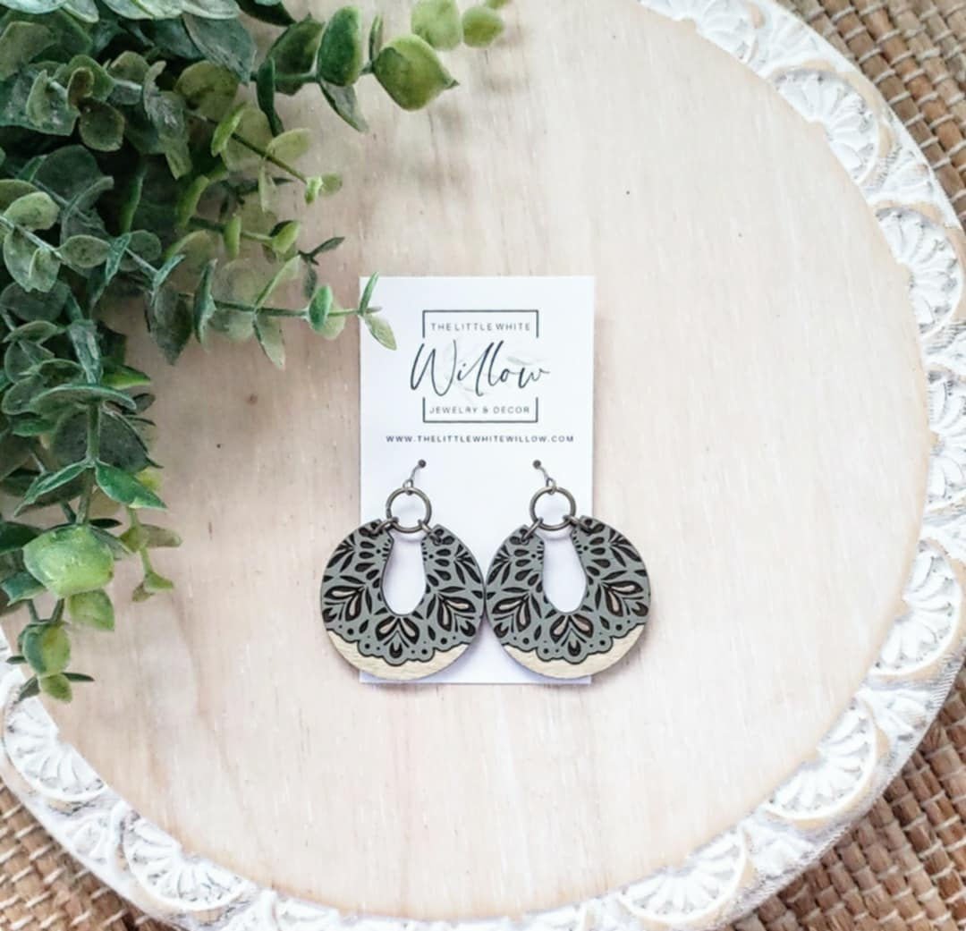 Distressed Sage Mandala Engraved Wood Earrings