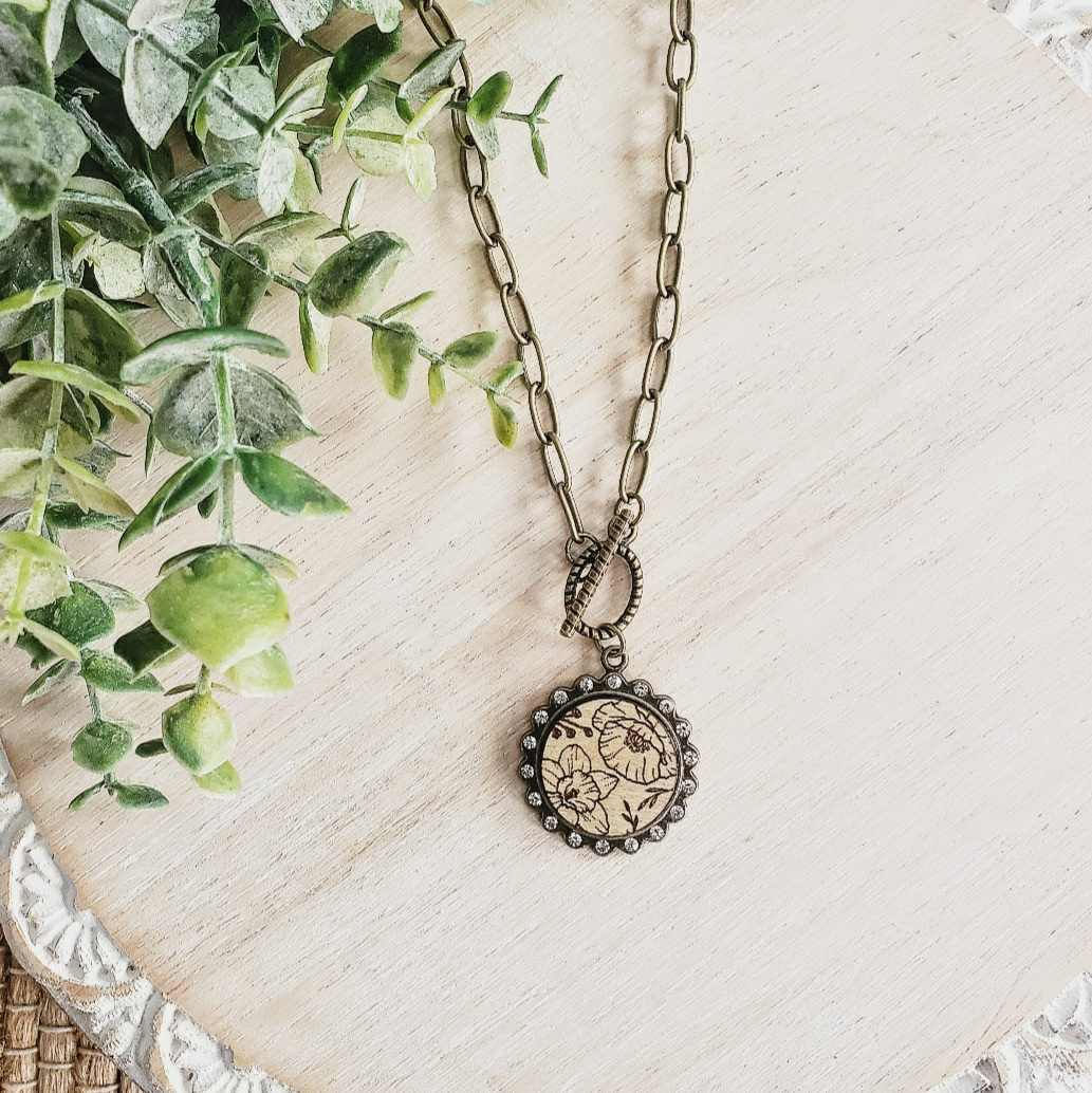 Birth Month Flower Wood Bezel Necklace